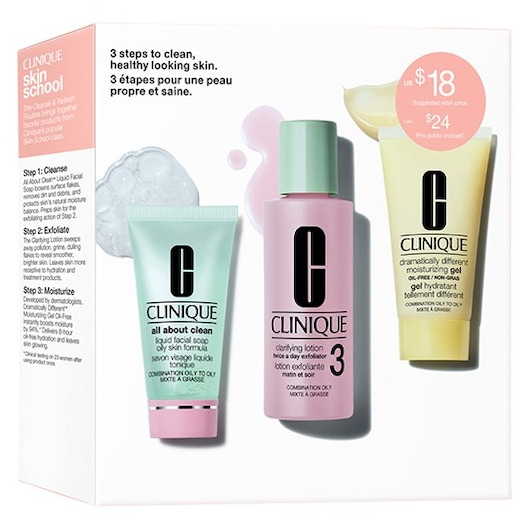 Clinique 3-faset systempleje  3-faset systempleje Gavesæt Liquid Facial Soap 30 ml + Clarifying Lotion 3 60 ml + Moisturizing Gel 30 ml 1 Stk. (110,00 kr / 1 stk.)