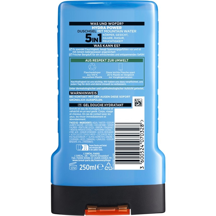 L'Oréal Men Expert Hydra Power Duschgel – 3 X 300 Ml, Intensive Feuchtigkeit, Für Gesicht, Körper & Haare