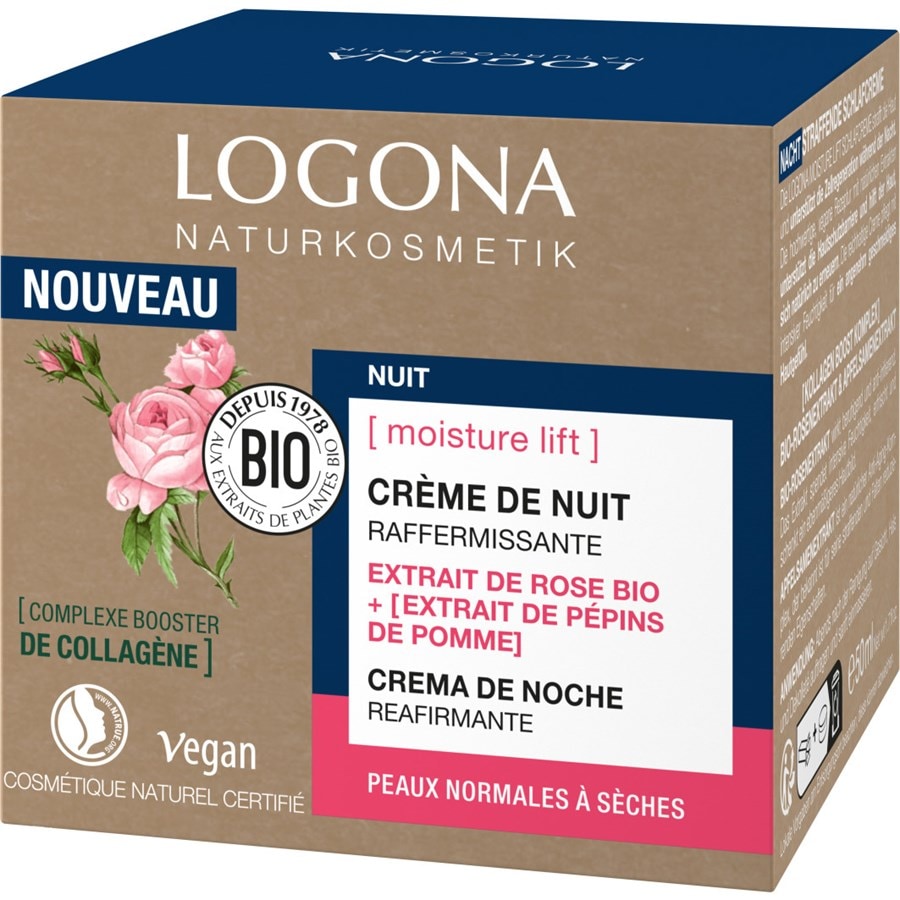 Logona Night Care Estratto di rosa e di semi di mela biologici Crema da sonno rassodante Moisture Lift