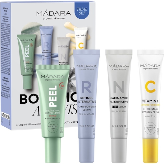 MÁDARA Ansigtspleje Pleje Botanic Activist 4-trins mini-fornyelsesrutinesæt Retinol Alternative Serum 15 ml + Niacinamide Alternative Serum 15 ml + Peel Brightening 5% AHA Peeling Mask 17 ml + Vitamin C Regenerating Cream for strålende hud 15 ml